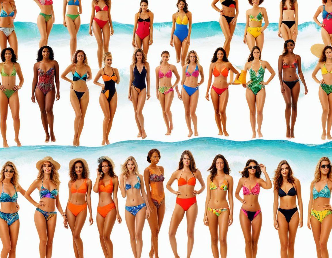 A vibrant collage showcasing the evolution of swimwear, highlighting iconic bikini styles from different decades, surrounded by colorful palm trees and ocean waves. Include models of diverse backgrounds wearing vintage to modern bikinis, each section representing a different era, seamlessly blended together for a visual timeline effect. super-realistic. vibrant colors. white background.