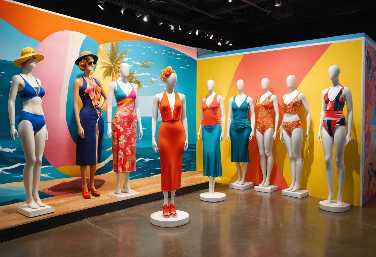 A vibrant exhibition setup showcasing an array of historical swimwear styles spanning from the 1920s to contemporary designs, displayed on mannequins against a backdrop of ocean waves. Include details like vintage posters, bright tropical colors, and accessories like beach balls and sunglasses to enhance the theme. Emphasize the evolution in fabric and design through contrasting textures. gallery style. super-realistic. vibrant colors.